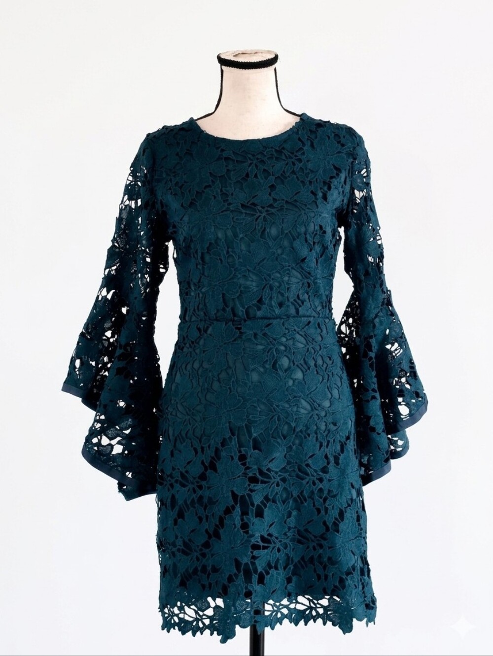 She + Sky Teal Green Crochet Lace Bell Sleeve Mini Dress S